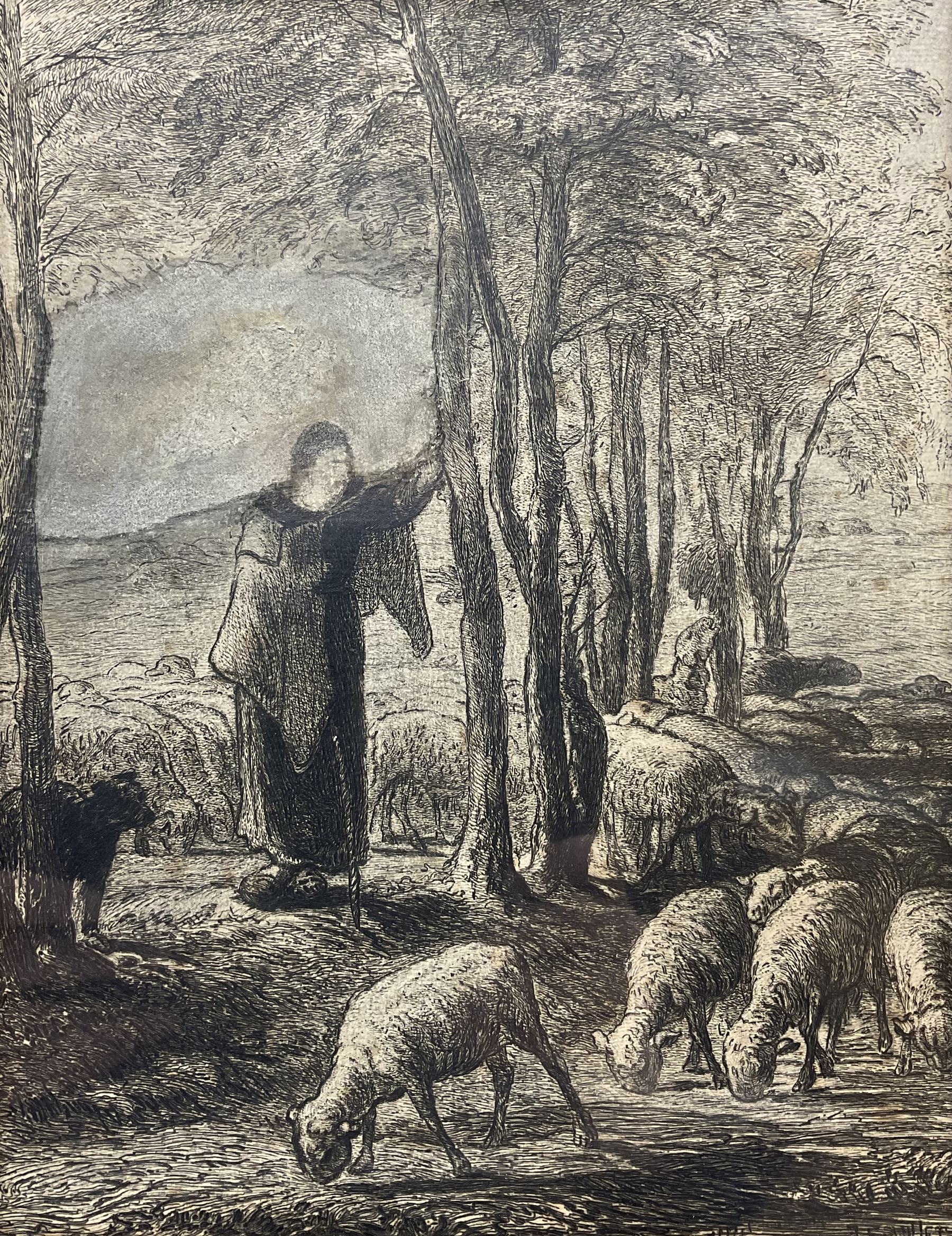 Jean-François Millet (French 1814-1875): Shepherdess and Her Flock in the Shade of Trees, etching c.1854/55 signed in the plate 24cm x 18.5cm
Provenance: private collection, purchased David Duggleby Ltd 18th June 2021 Lot 170
