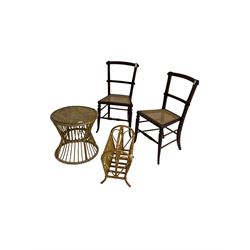 Pair late Victorian walnut chairs with cane work seats, a bamboo occasional table and magazine rack