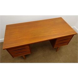  1960's Skeie & Co A/S Mobelfabrikk knee hole teak desk, six drawers, turned tapering supports, W133cm, H72cm, D63cm  