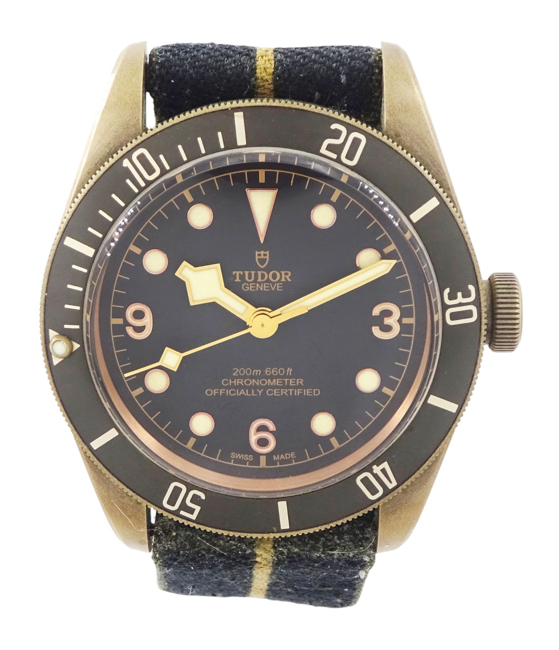 Tudor Heritage Black Bay Bronze gentleman's automatic chronometer wristwatch, Ref. 79250BA, Cal. MT5601, slate grey dial with unidirectional rotating bezel, on fabric strap, boxed with guarantee card dated 2019