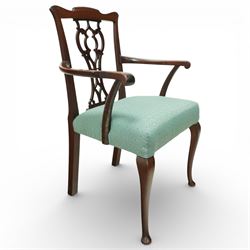 Georgian design mahogany elbow chair, the shaped top rail over a pierced vase shaped splat, swept open arms on square supports, upholstered drop-in seat, raised on cabriole legs terminating in pad feet