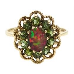 9ct gold opal triplet and peridot cluster ring, hallmarked