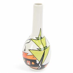Lorna Bailey for Old Ellgreave Pottery bottleneck vase, decorated in The Times pattern, with abstract house and tree on a white ground, signed beneath, H26cm