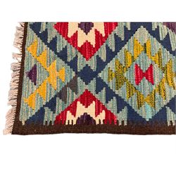 Chobi Kilim multi-colour runner rug, decorated with all-over geometric lozenges surrounded by a dark indigo border