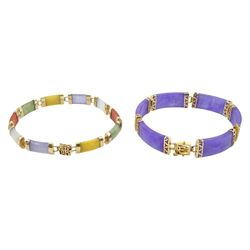14ct gold lavender jade link bracelet and a 9ct gold multi jade coloured bracelet