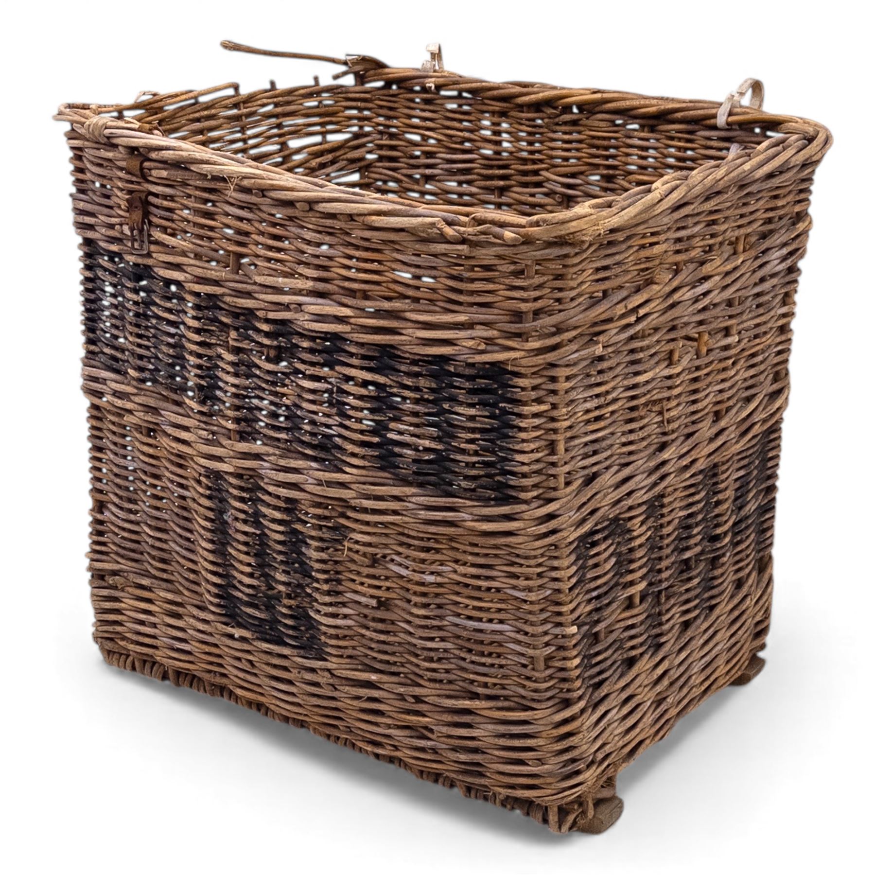 Large 20th century wicker laundry basket, of rectangular form, with stencilled lettering to one sides, raised on wooden base skids