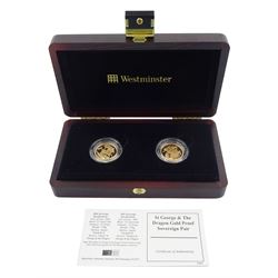 Queen Elizabeth II 2004 and 2005 gold proof full sovereign coins, forming the 'St George and The Dragon Gold Proof Sovereign Pair', housed in a Westminster case