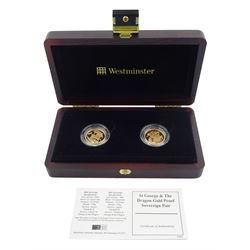  Queen Elizabeth II 2004 and 2005 gold proof full sovereign coins, forming the 'St George and The Dragon Gold Proof Sovereign Pair', housed in a Westminster case