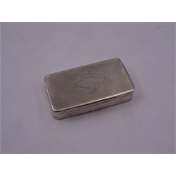 Late 19th century Dutch silver snuff box, of rounded rectangular form, engraved with vacant shaped panel with foliate surround, and engine turned decoration, the hinged cover opening to reveal a gilt interior, stamped with dolphin mark, and makers mark, possibly for N S Visser & Co, W7cm, approximate weight 1.19 ozt (37 grams)