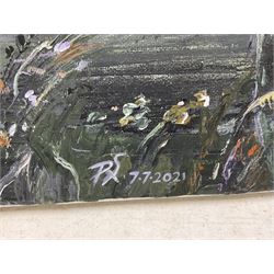 Paula Seller (Northern British Contemporary): 'Rural Sunset', acrylic on canvas signed with monogram and dated 2021, titled verso 41cm x 51cm (unframed)