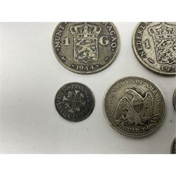 Twelve World coins, including William IIII United Colony of Demerary and Essequibo 1832 one eight guilder, United States of America 1857 quarter dollar, Tunisia 1891 one franc etc 