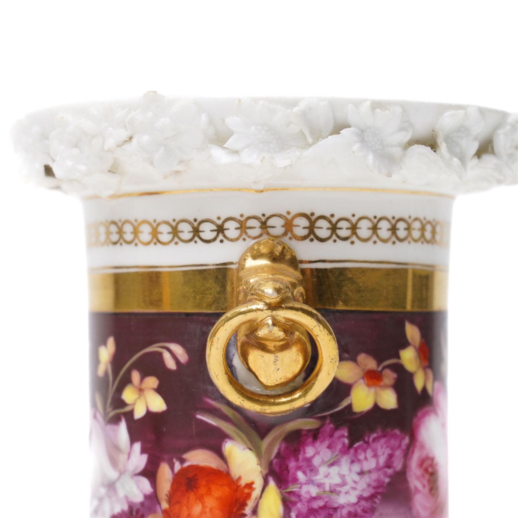 Pair of 19th century spill vases, the rim with encrusted decoration, the central band hand-painted with flowers on a claret ground, unmarked but in the manner of Coalport, H11cm 