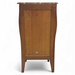 20th century Louis XV style kingwood chest, serpentine rectangular rouge marble top above five graduated drawers with ornate gilt metal handles and escutcheons, the sides inlaid with floral marquetry panels, raised on shaped cabriole supports