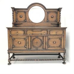 Early 20th century oak barley twist sideboard, raised arched bevel edge mirror back, one long and two short drawers above two cupboards flanking central drawer, W153cm, H153cm, D52cm