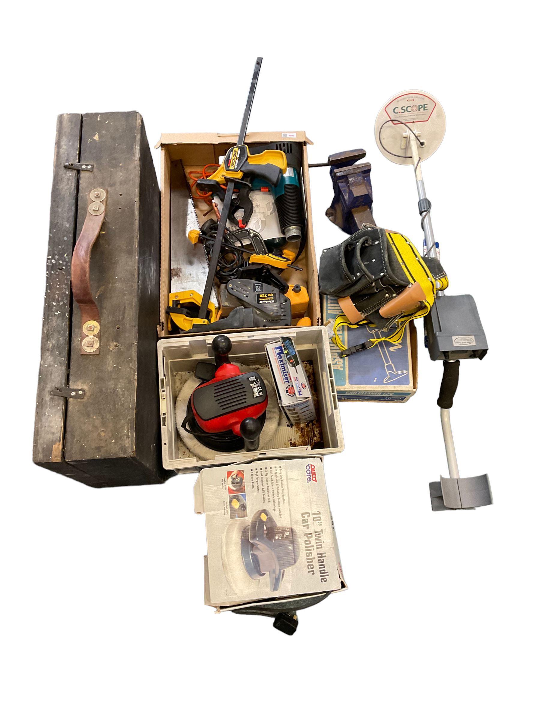 Collection of modern and vintage tools, including car polishers, saws, belt sander vice, metal detector workshop lamp, wooden tool case and other 