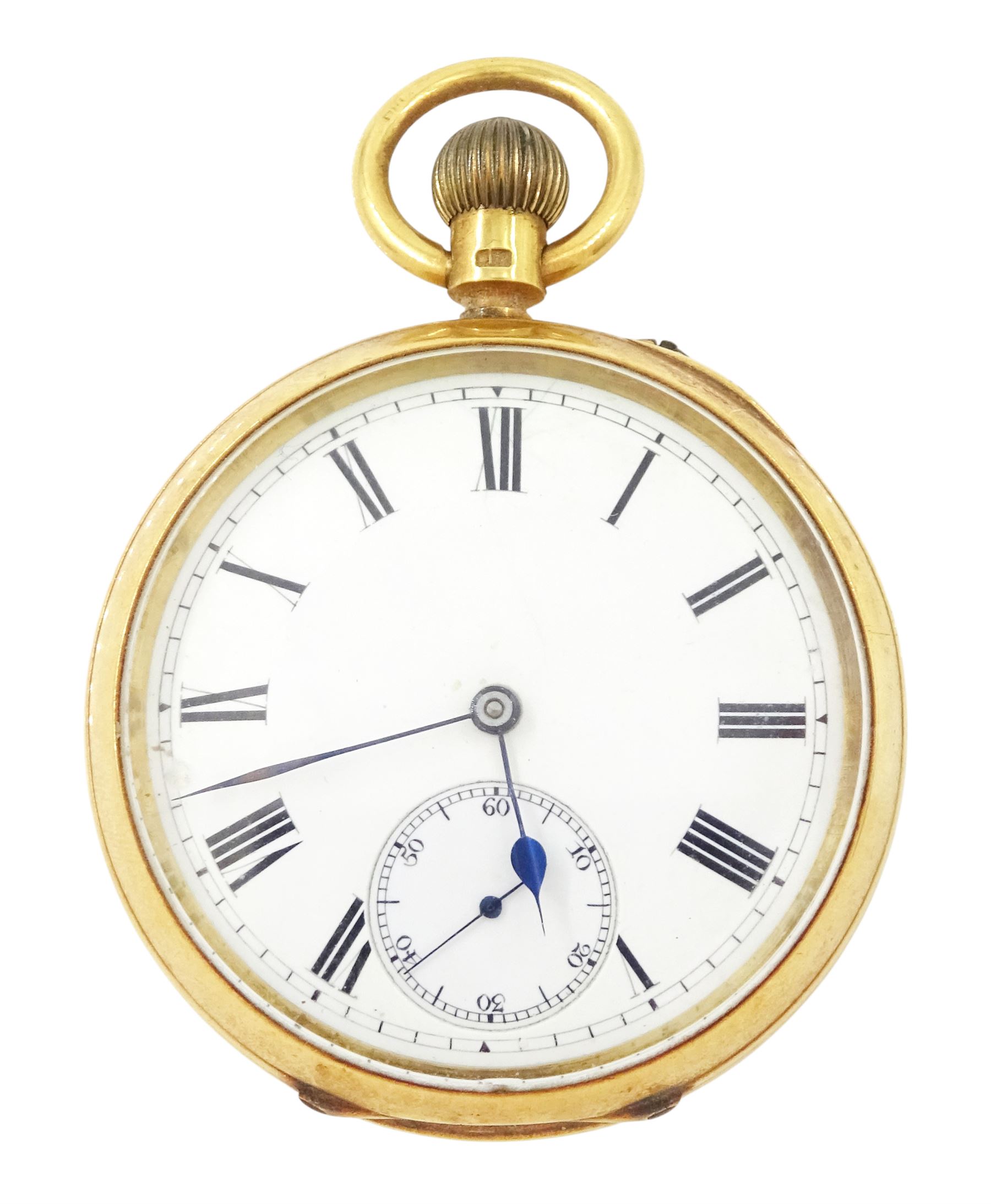 Victorian 18ct gold open face keyless lever pocket watch, No. 24562,  white enamel dial with Roman numeral hour markers and subsidiary seconds dial, case hallmarked Chester 1899
