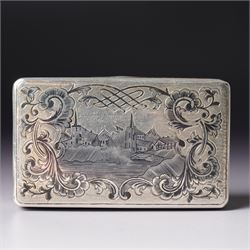19th century Russian silver and niello work snuff box engraved with a view possibly of St Petersburg, Moscow assay, 84 standard