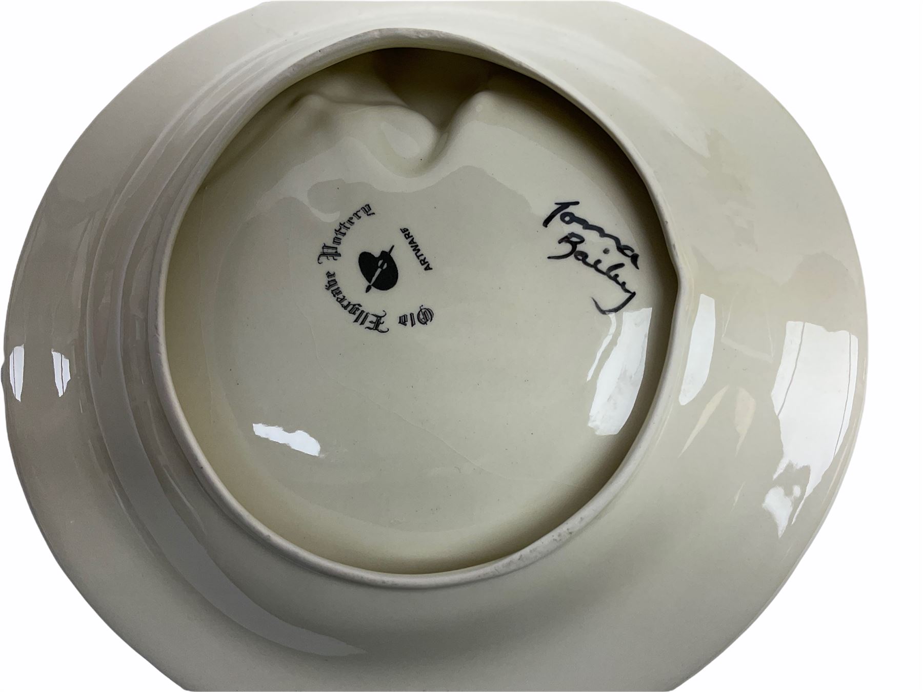 Lorna Bailey Old Ellgreave Pottery, comprising teapot in beach design, circular jar in house and path design, shell jug in Bridge and stream design, squat jug in Pagoda design and plate decorated with an Art Deco woman, all with printed and painted marks. 