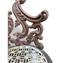 19th century Rococo Revival cast iron garden chair, pierced back comprised of scrolling acanthus leaves, over a pierced geometric white painted drop-in seat, raised on four acanthus and anthemion shaped cabriole supports united by X-frame stretcher