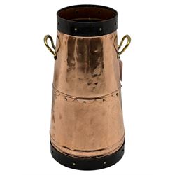 20th century copper milk churn, of tapering cylindrical form with applied brass twin handl...