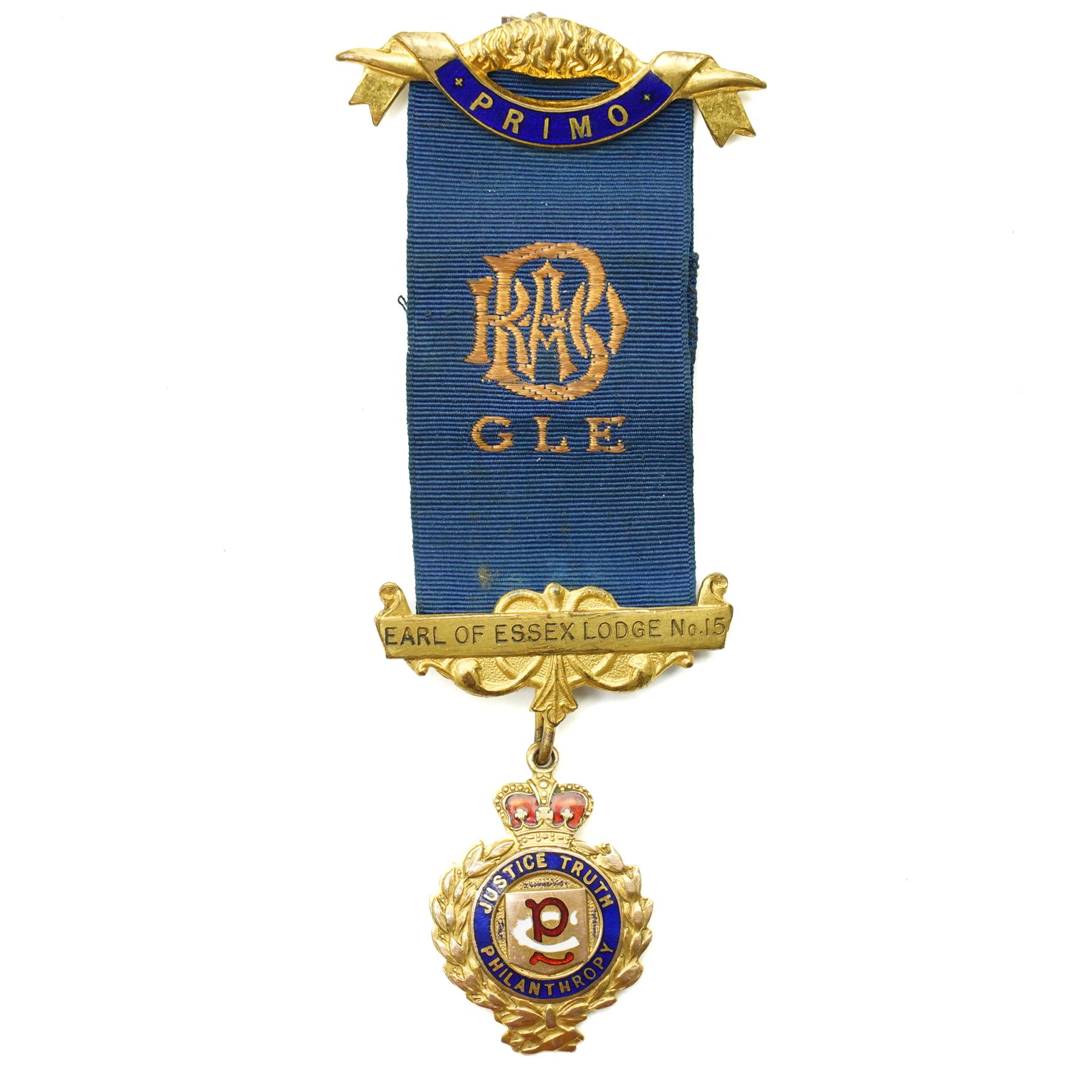 Early 20th century Royal Antediluvian Order of Buffaloes (RAOB) 9ct gold enamel jewel presented to Bro. W. Flood by the Earl of Essex Lodge and another in gilt metal and enamel marked Hull Convention 1906 (2)