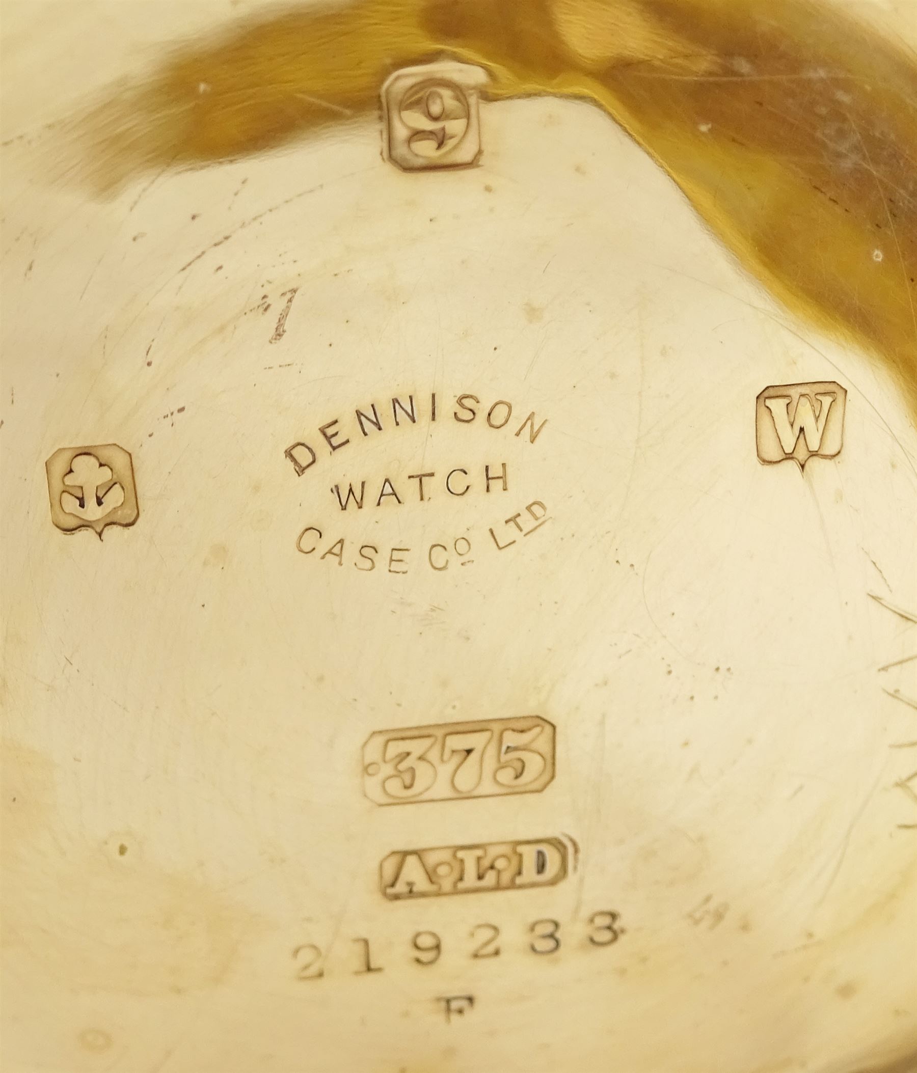 Early 20th century 9ct gold open face 'Tempus Fugit' keyless lever pocket watch by Thomas Russell & Sons, Liverpool, No. 33820, white enamel dial with Roman numeral hour markers and subsidiary seconds dial, case by Dennison, Birmingham  1921