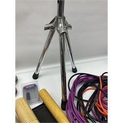 'On-Stage' tubular chrome three-instrument stand; various percussion accessories including 2-tone wood block agogo, pair of claves, tambourine and beaters; four generation penny whistles Bb, two x D and C; Boss GE-7 Equaliser; boxed; two adjustable foot rests; quantity of cables etc