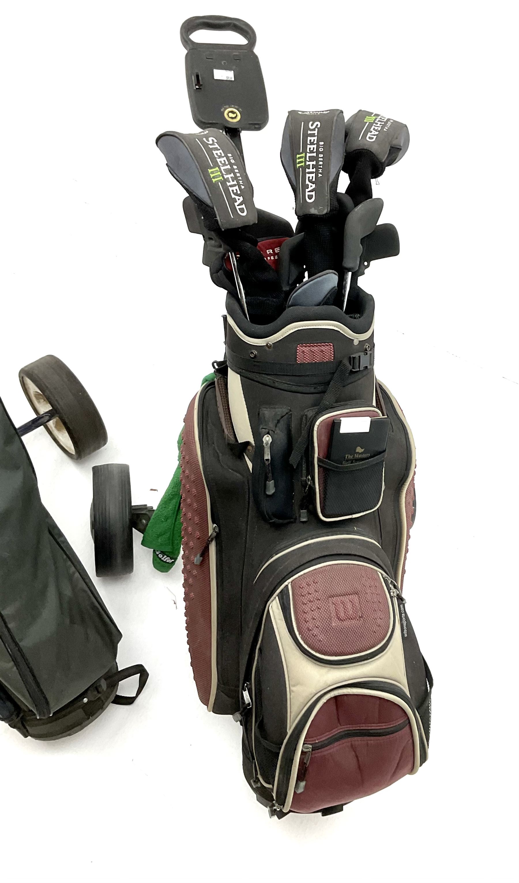 A quantity of golf clubs and two bags and trolleys The Furnishings