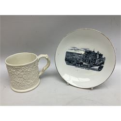 Victorian child's Temperance movement black printed mug, reading ‘Lessons for Youth on Industry Temperance..' together with a transfer teacup and saucer of Whitby scene reading The New Saloon Whitby and moulded late 19th/ early 20th century mug