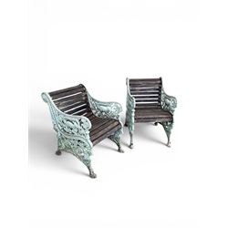 Pair of unusual Victorian revival heavy cast iron garden chair benches, ornate scrollwork ...