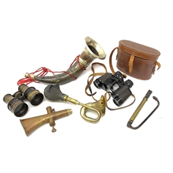 Copper single valve hunting horn of curved and tapering oval form L17cm; nickel and cow-horn hunting horn with stag and archer mounts; another small car type brass horn; two pairs of binoculars, one in calf leather case; and military portable brass and iron suspension scales marked Hill Resilient Henston with two broad arrows and BC3960 1955 (6)