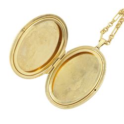 Gold oval locket with engraved decoration, on a gold fancy link chain, both 9ct, hallmarked 