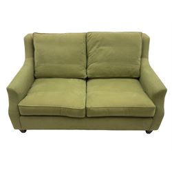 Wesley-Barrell two seat sofa and pair of matching armchairs, upholstered in sage linen fabric