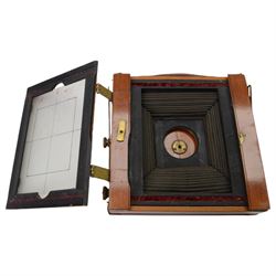 IVORY Morley & Cooper full plate mahogany camera, maker's plate one side reading 'Morley & Cooper, 271 Upper Street, N London’, with two plates, in leather carry case, with a J.H.Dallmeyer No.4 Stigmatic Series II brass lens, serial no. 58364, in leather case, camera body 20cm x 20cm