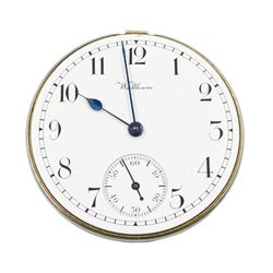 Early 20th century 9ct gold open face keyless lever 'Traveler' pocket watch by American Watch Co, Waltham, No. 19411122, white enamel dial with Arabic numerals and subsidiary seconds dial, case by Dennison Birmingham 1915
