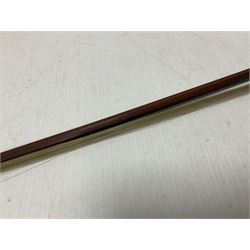 Full length hexagonal shaft violin bow, possibly made from pernambuco with “TOURTE” stamped to the side