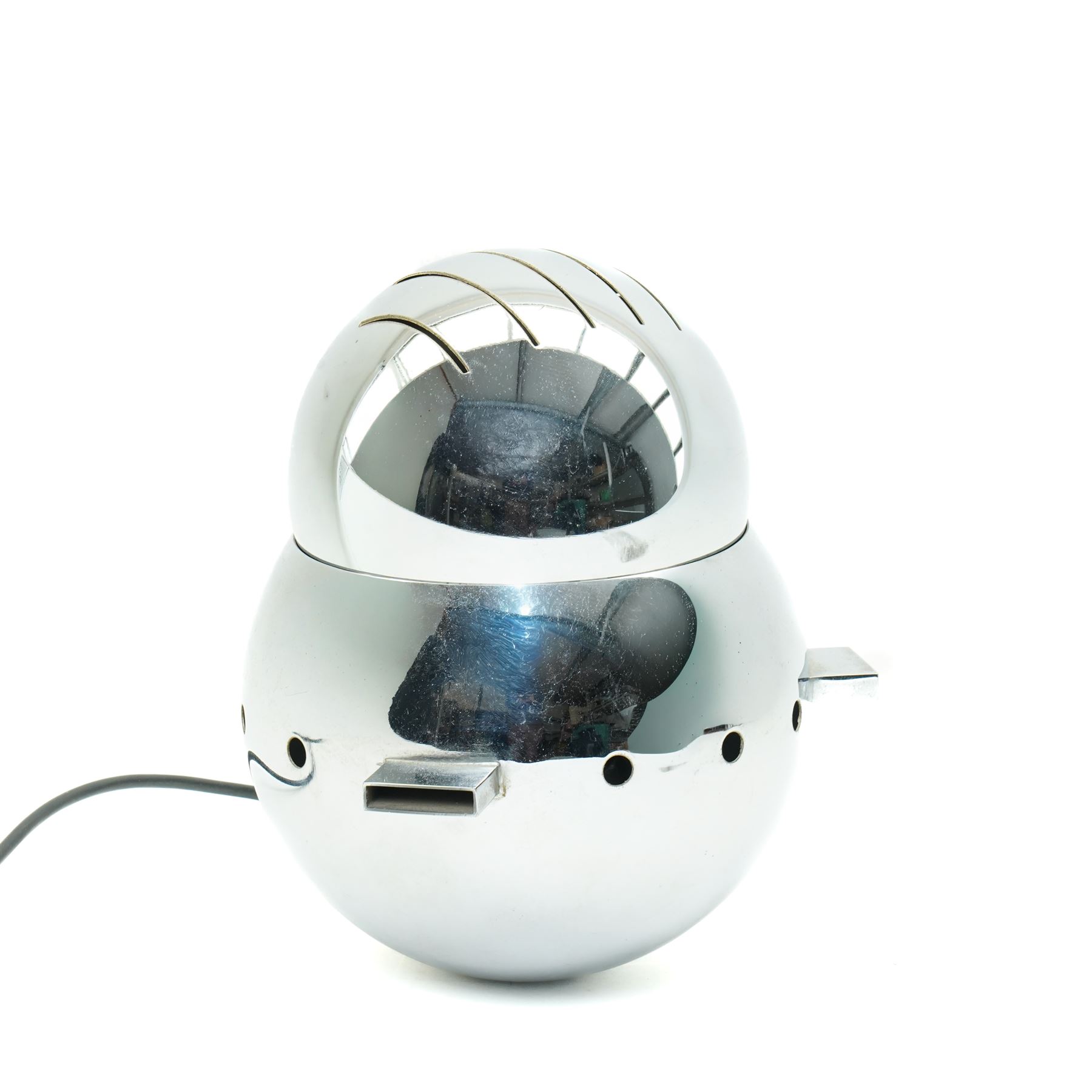 Modernist table lamp of rectangular form in silver and gold tones with shade H38cm and a chromium table lamp of double globe form H27cm (2)