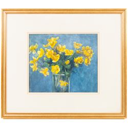 Edith Brearey Dawson (née Robinson) (British 1862-1928): Yellow Anemones, watercolour unsigned 22cm x 26cm
Notes: Edith was the daughter of a Quaker Schoolmaster living in Scarborough as early as 1881, she studied under Albert Strange at the Scarborough School of Art, exhibiting at the Royal Academy and the RBA between 1889 and 1893. She married fellow artist Nelson Ethelred Dawson in 1893 then moving to London she mostly abandoned painting in favour of metal and enamel work.