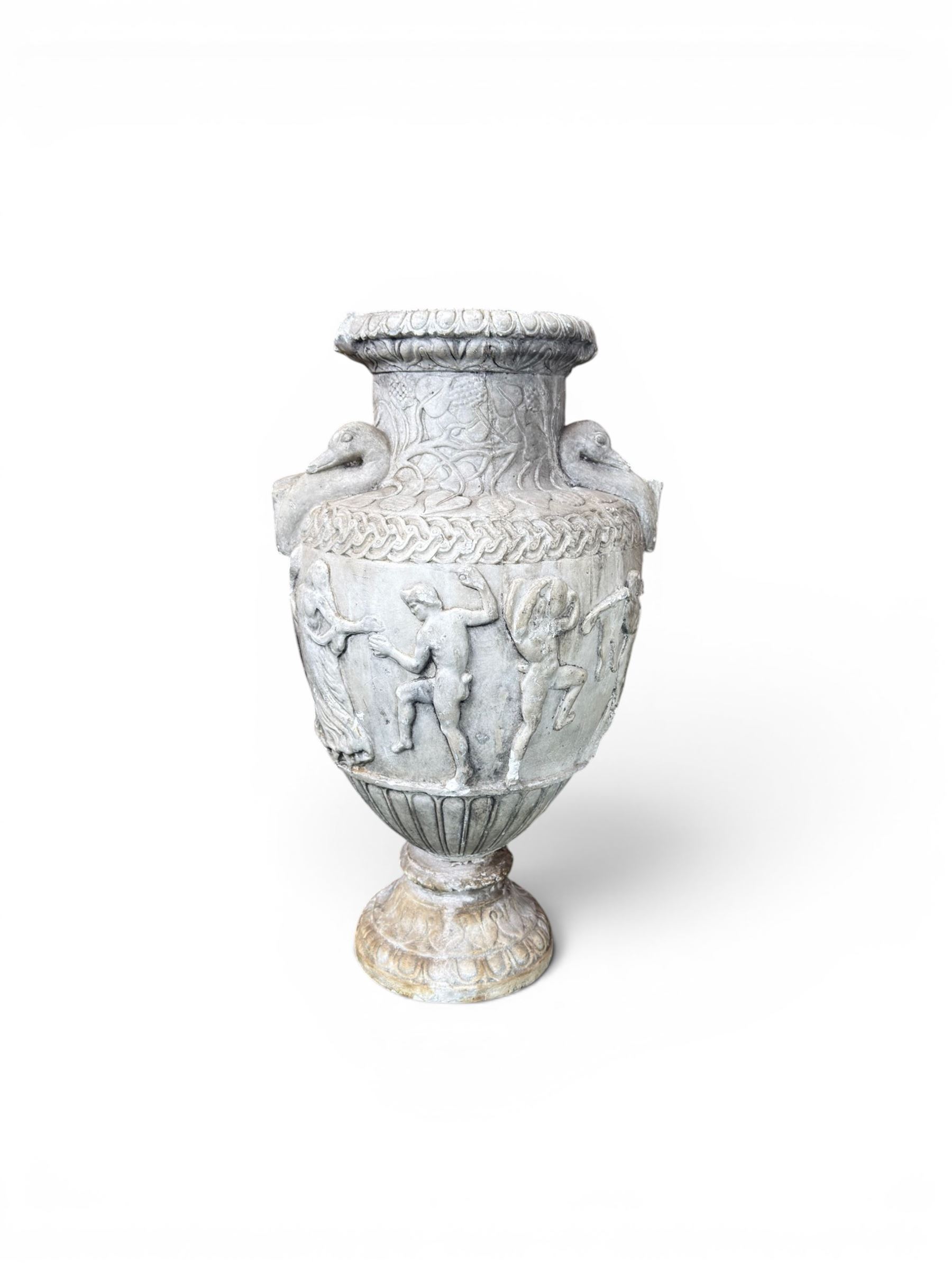 Early 20th century painted plaster classical urn, detailed with swan necks and mythical scenes