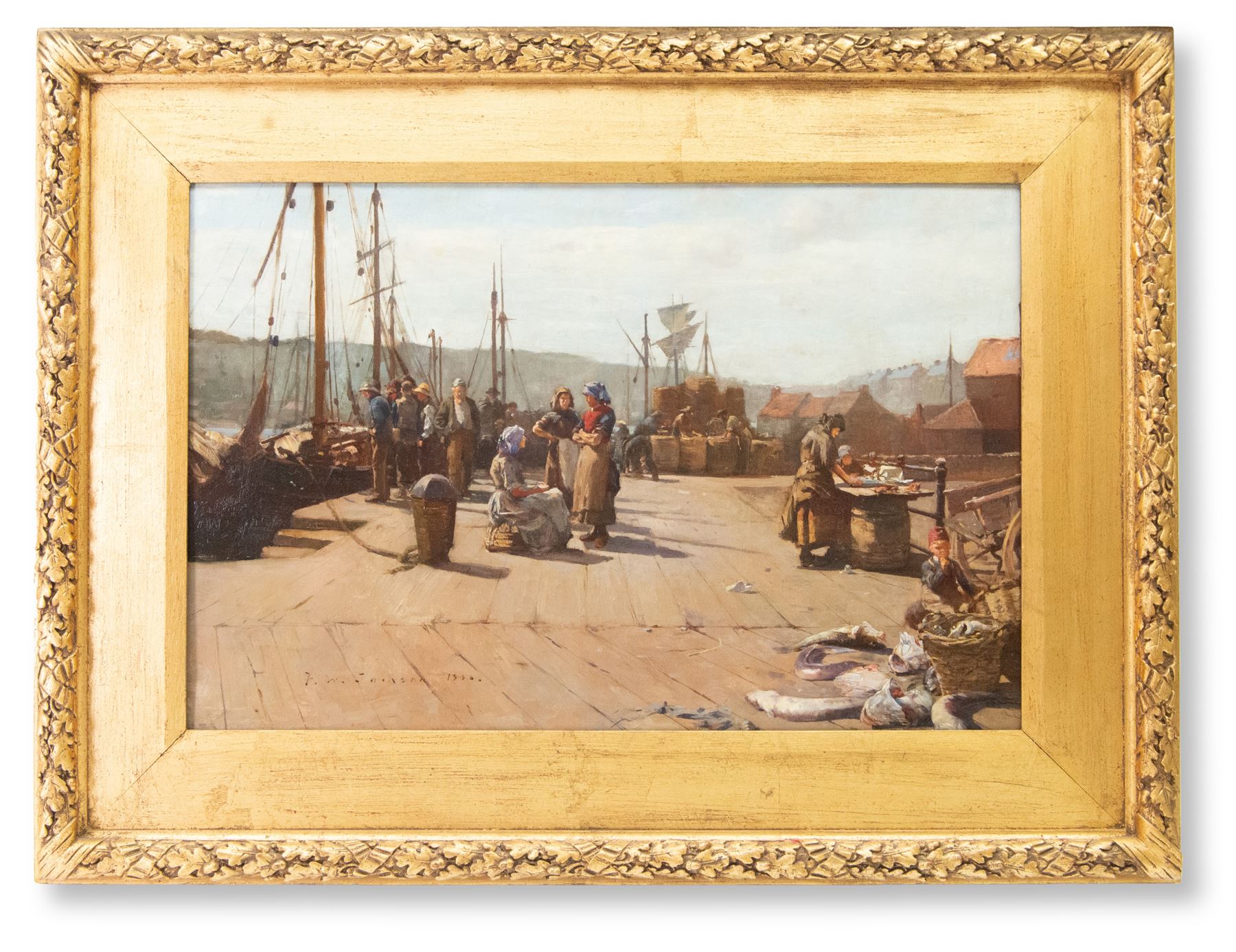 Frederick William Jackson (Staithes Group 1859-1918): Sorting Fish on Whitby New Quay, with Larpool Woods in the distance, oil on canvas signed and dated 1886, 54cm x 80cm 
Notes: for a watercolour of almost identical composition dated 1893, see Sotheby's Sussex 18 July 2001 Lot 199