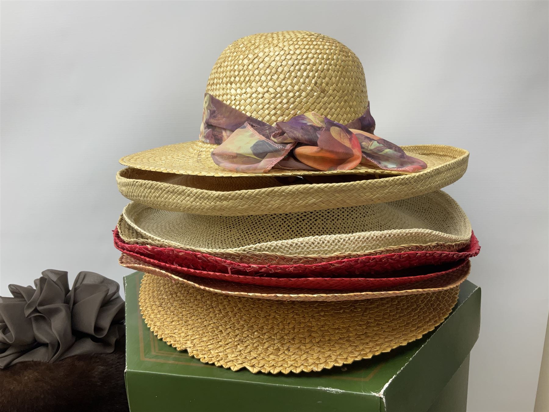 Ladies Assorted Formal and Occasion Hats, including Philip Somerville hat, Harrods fur hat, Philip Somerville boater hat etc, together with a boxed pair of Church's shoes