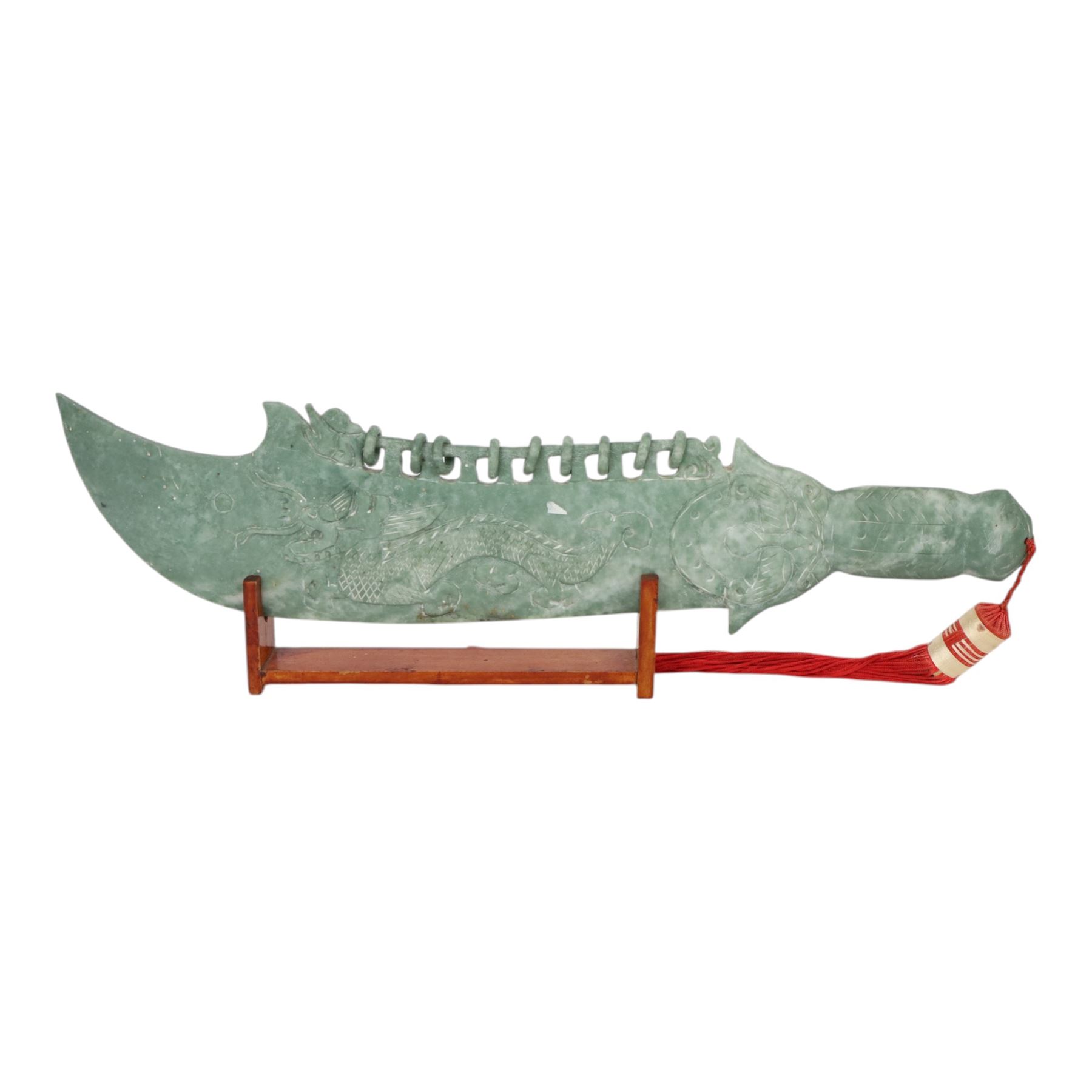 Chinese hardstone ceremonial sword ornament on stand, H16cm, L50cm