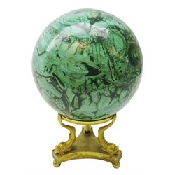  Large polished Malachite sphere approx 13cm on gilt bronze openwork support in the form of three mythical sea beasts, trefoil base with ball feet, H21cm    