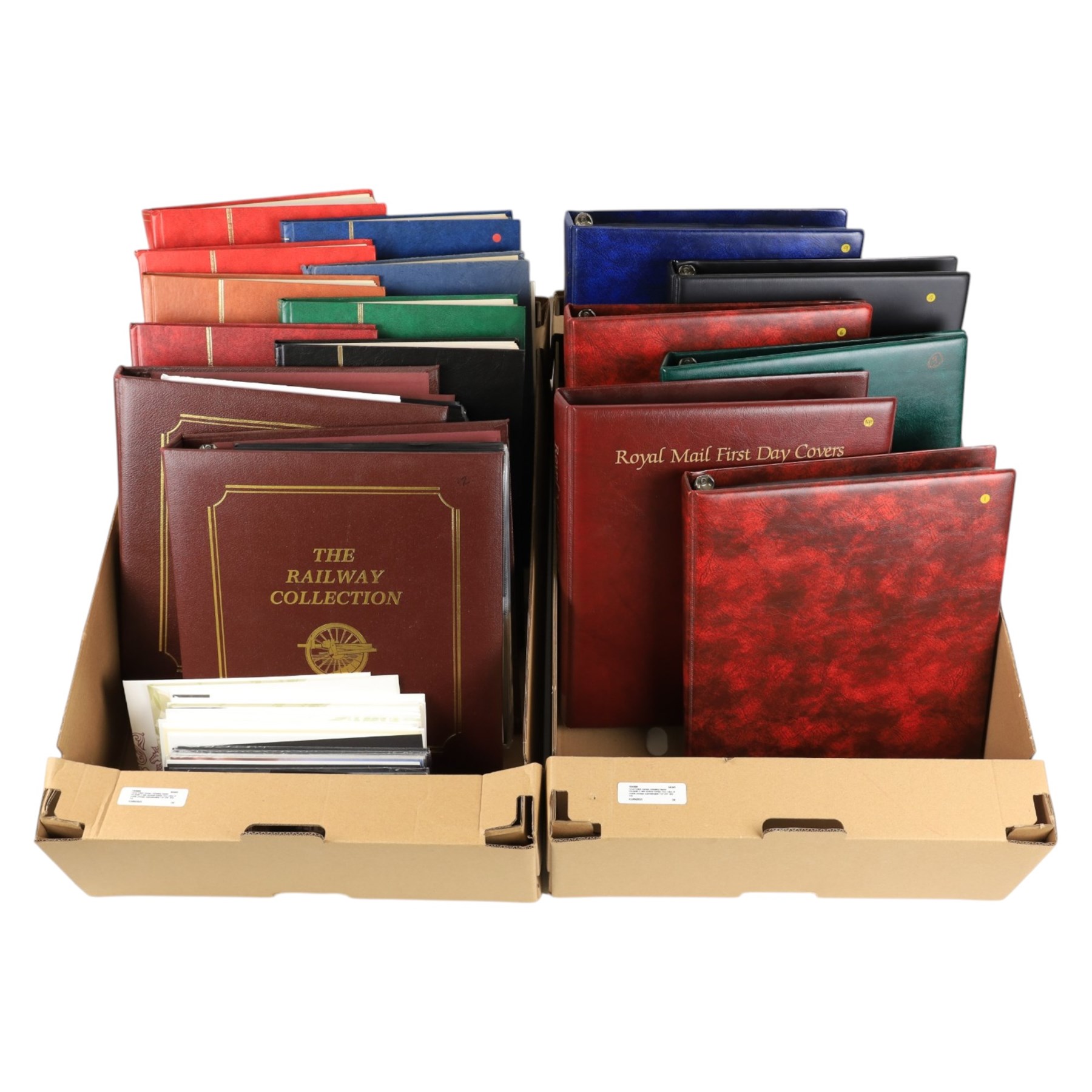 Great British stamps, including Queen Elizabeth II mint decimal stamps, face value of usable postage approximately 150 GBP, first day covers, etc, in two boxes
