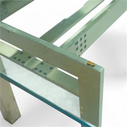 Carlo Scarpa for Studio Simon – 1970s Italian design dining table, the rectangular clear glazed top resting on a brushed steel and aluminium architectural base, with exposed bolt details and angled legs, maker's label with the designer's signature