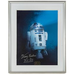 Five framed Cards Inc Star Wars Revenge of the Sith prints, comprising Mace Windu, Yoda, C-3PO, Darth Vader and R2-D2, the R2-D2 example signed by actor Kenny Baker, together with a collection of six smaller limited edition Star Wars art prints, largest H39cm (11)