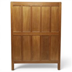 Mouseman - early-to-mid-20th century panelled and adzed double wardrobe, the arcade carved cresting rail over two panelled doors, with wrought metal hinges and latch, deep relief carved mouse signature, the interior fitted with hanging rail, by the workshop of Robert Thompson of Kilburn