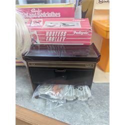 Pedigree Sindy's House and furniture, including shower, kitchen unit, washbasin, china cabinet and bed, all boxed, together with Barbie doll and horse