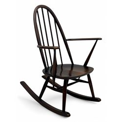 Ercol - elm high back rocking chair, bentwood bow backrest with multiple slim spindles, cu...