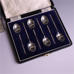 Late Victorian silver mounted stamp box, the hinged lid with three glazed panels, hallmarked Grey & Co, London 1900, together with a late Victorian silver hair comb and a cased set of six silver coffee spoons